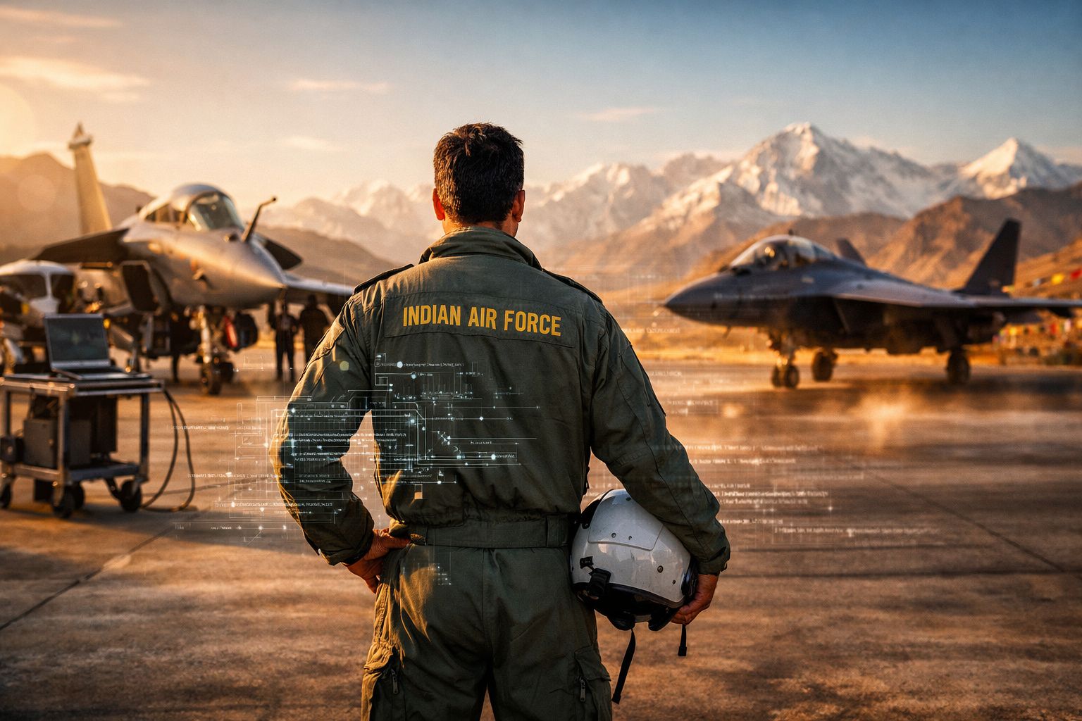 Piloto da Força Aérea Indiana de costas segurando capacete, com caças e montanhas ao fundo ao pôr do sol.