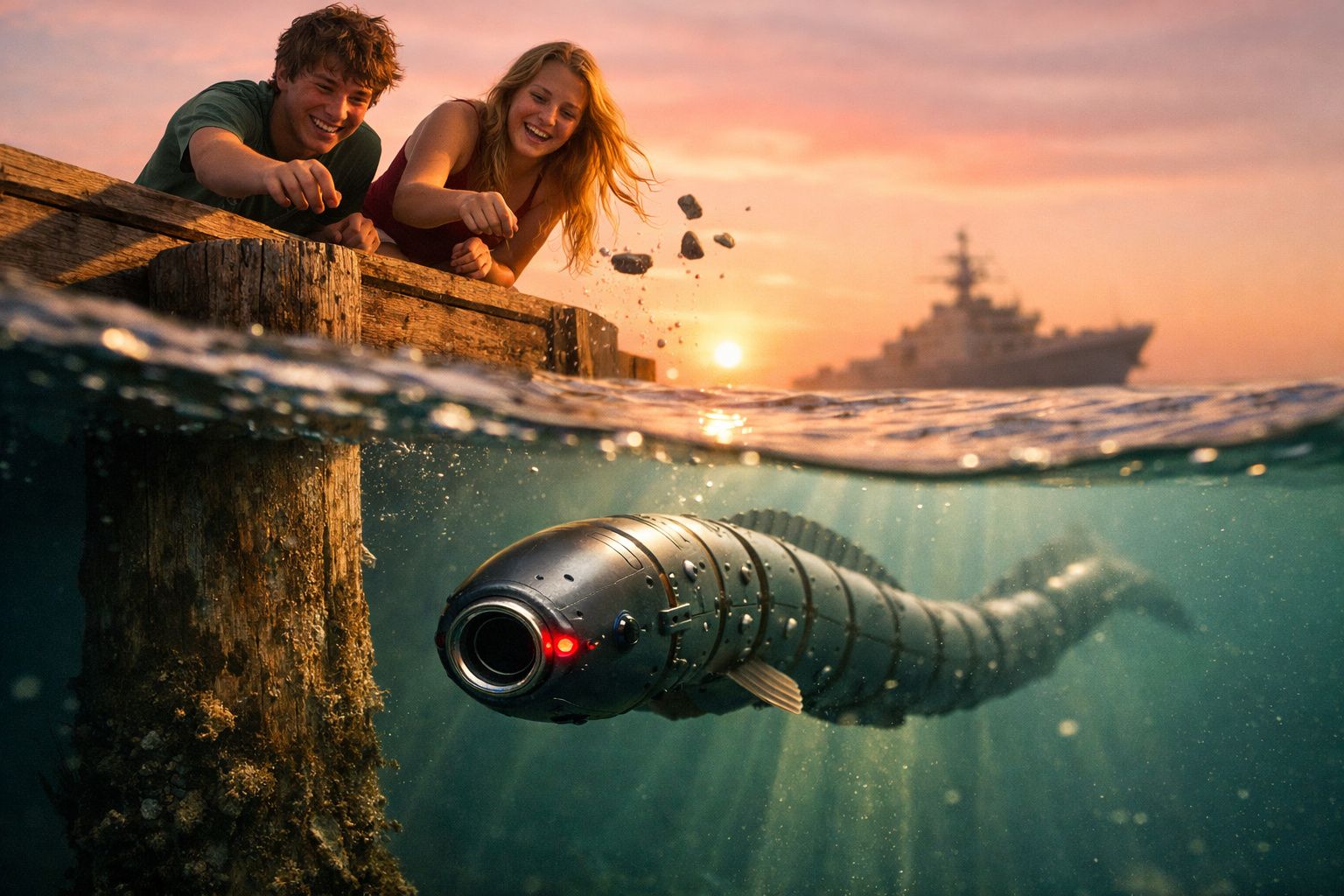 Dois jovens brincam numa ponte de madeira ao pôr do sol, com robô peixe a nadar debaixo de água.