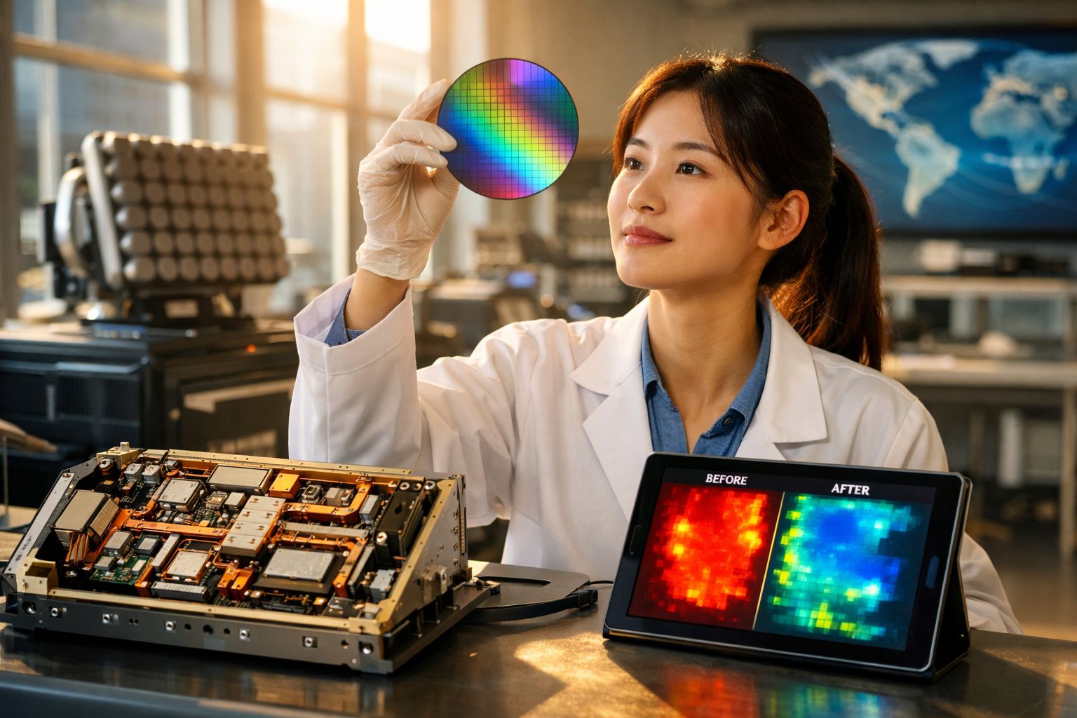 Mulher cientista em laboratório analisa chip colorido com componentes eletrónicos e ecrã comparativo digital.