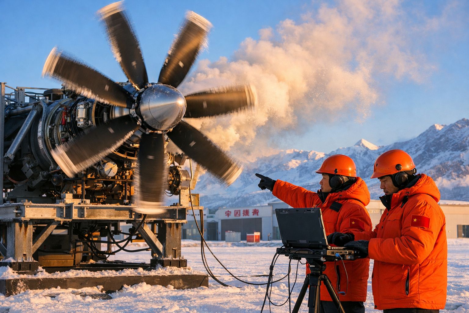 Dois técnicos com roupas de proteção laranja testam uma hélice grande num ambiente gelado com montanhas ao fundo.