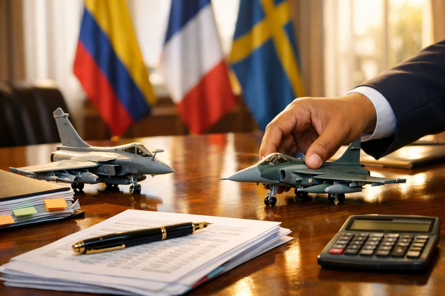 Mão de uma pessoa a tocar numa miniatura de avião militar sobre uma mesa com documentos, caneta e calculadora.