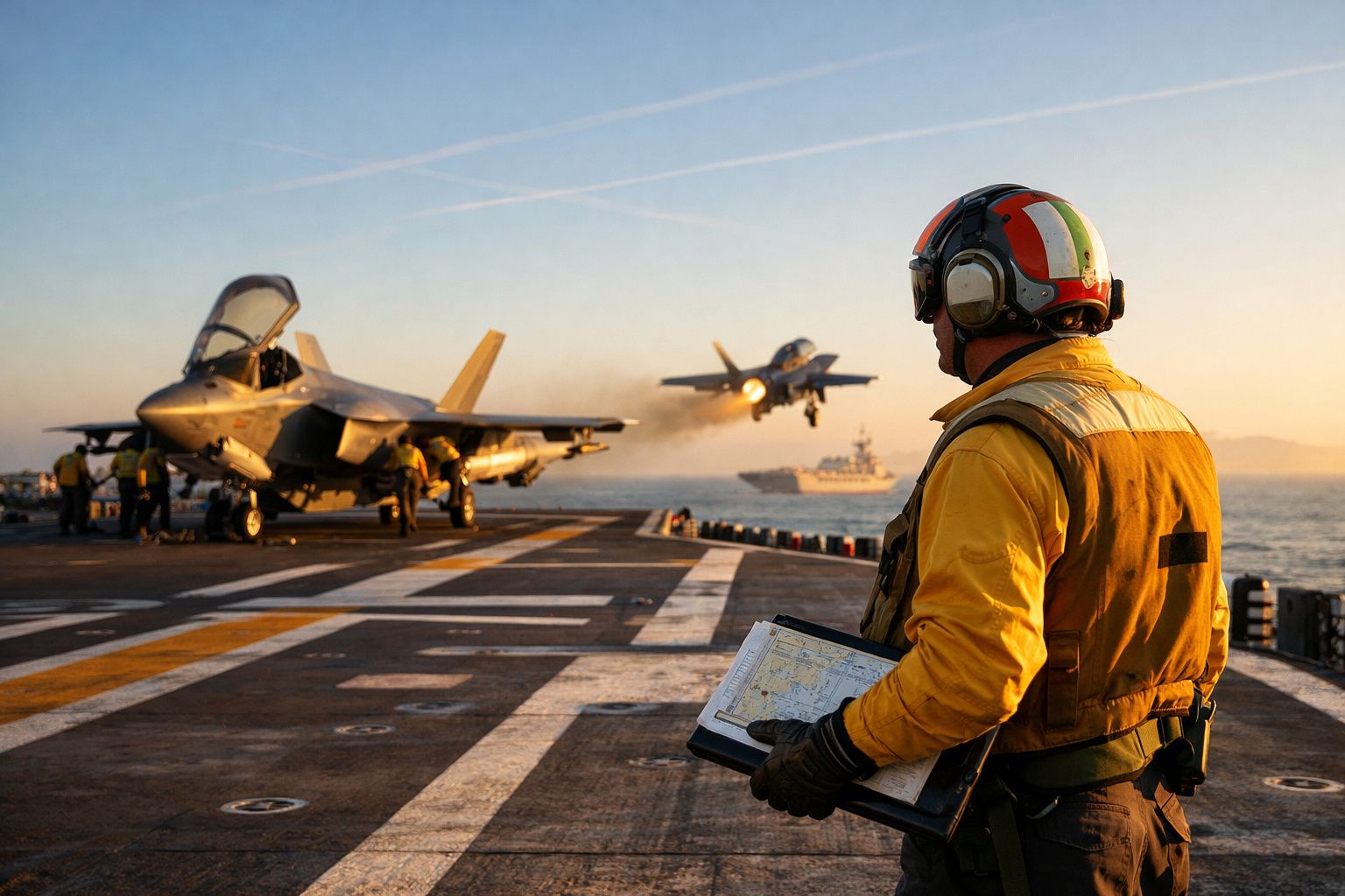Militar observa avião militar a descolar de porta-aviões ao pôr do sol no mar.