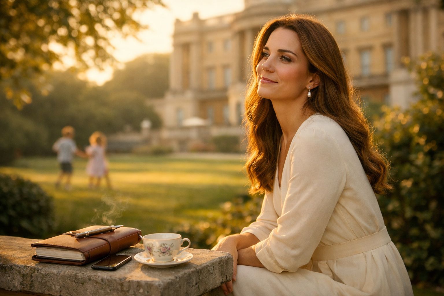 Mulher sorridente sentada ao ar livre com chá quente e livros, crianças a brincar ao fundo num jardim.