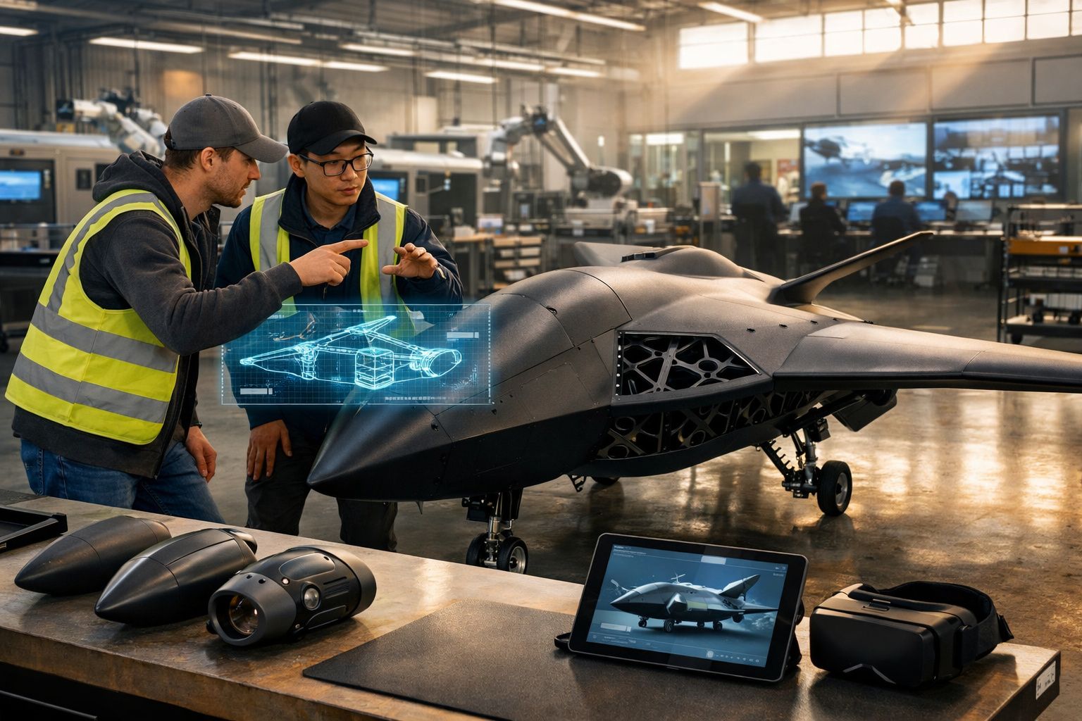 Dois engenheiros com coletes refletivos analisam o protótipo de um drone futurista numa oficina.