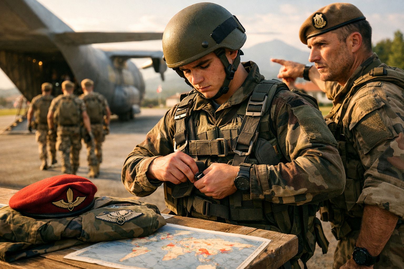 Soldado militar em uniforme ajusta colete táctico enquanto recebe instruções de oficial, com avião militar ao fundo.
