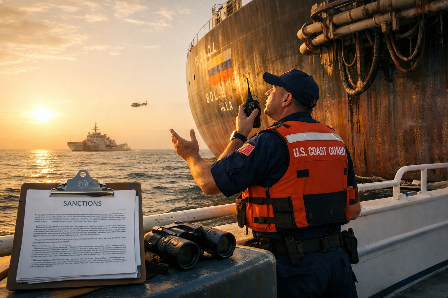 Agente da Guarda Costeira dos EUA comunica por rádio junto a navio e papel de sanções ao pôr do sol no mar.