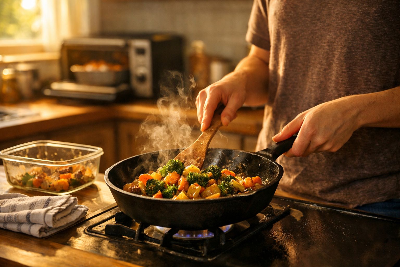 Pessoa a cozinhar legumes numa frigideira quente numa cozinha acolhedora e iluminada por luz natural.