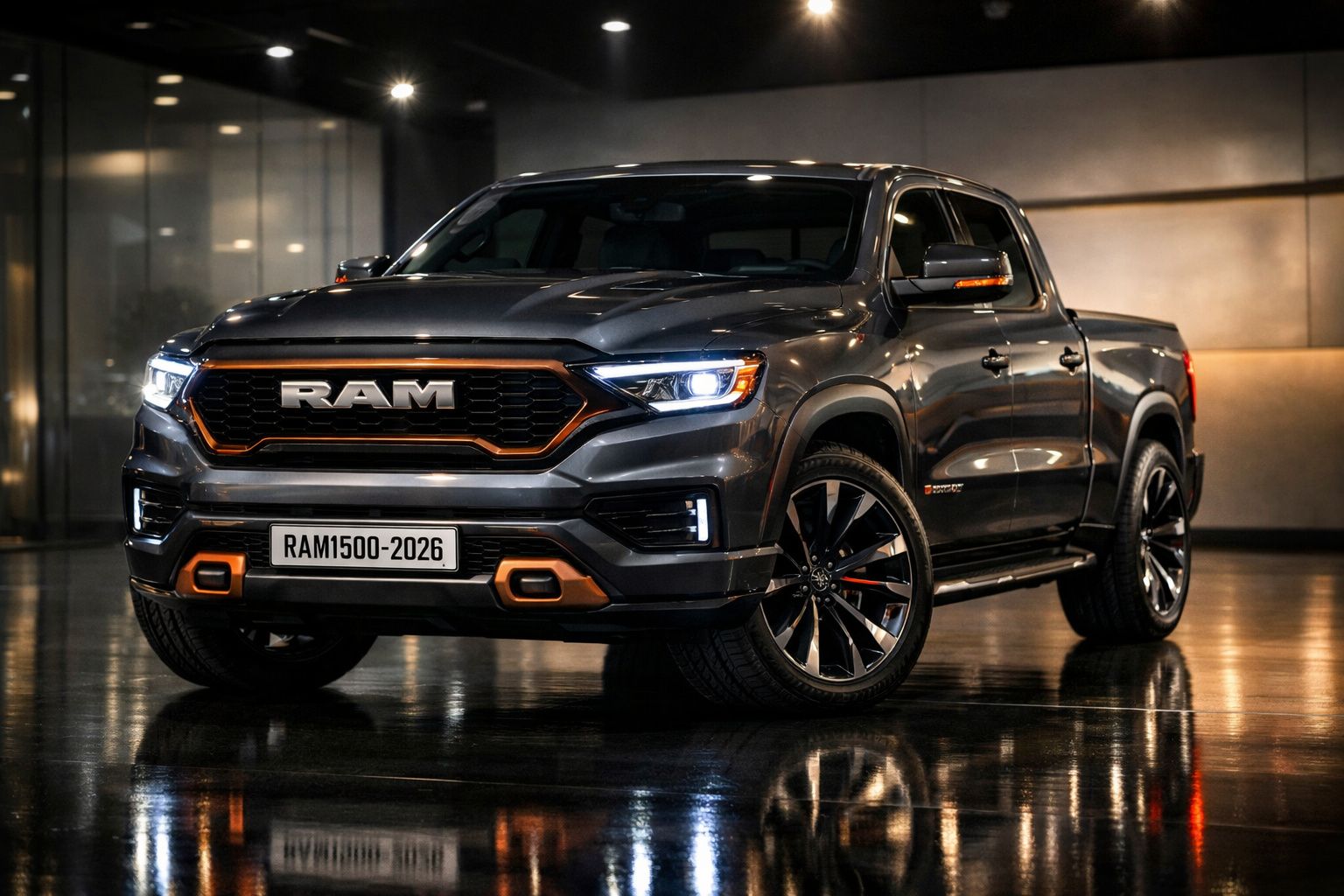 Pick-up RAM cinza escuro com detalhes laranja, faróis acesos, estacionada em superfície refletora interior.