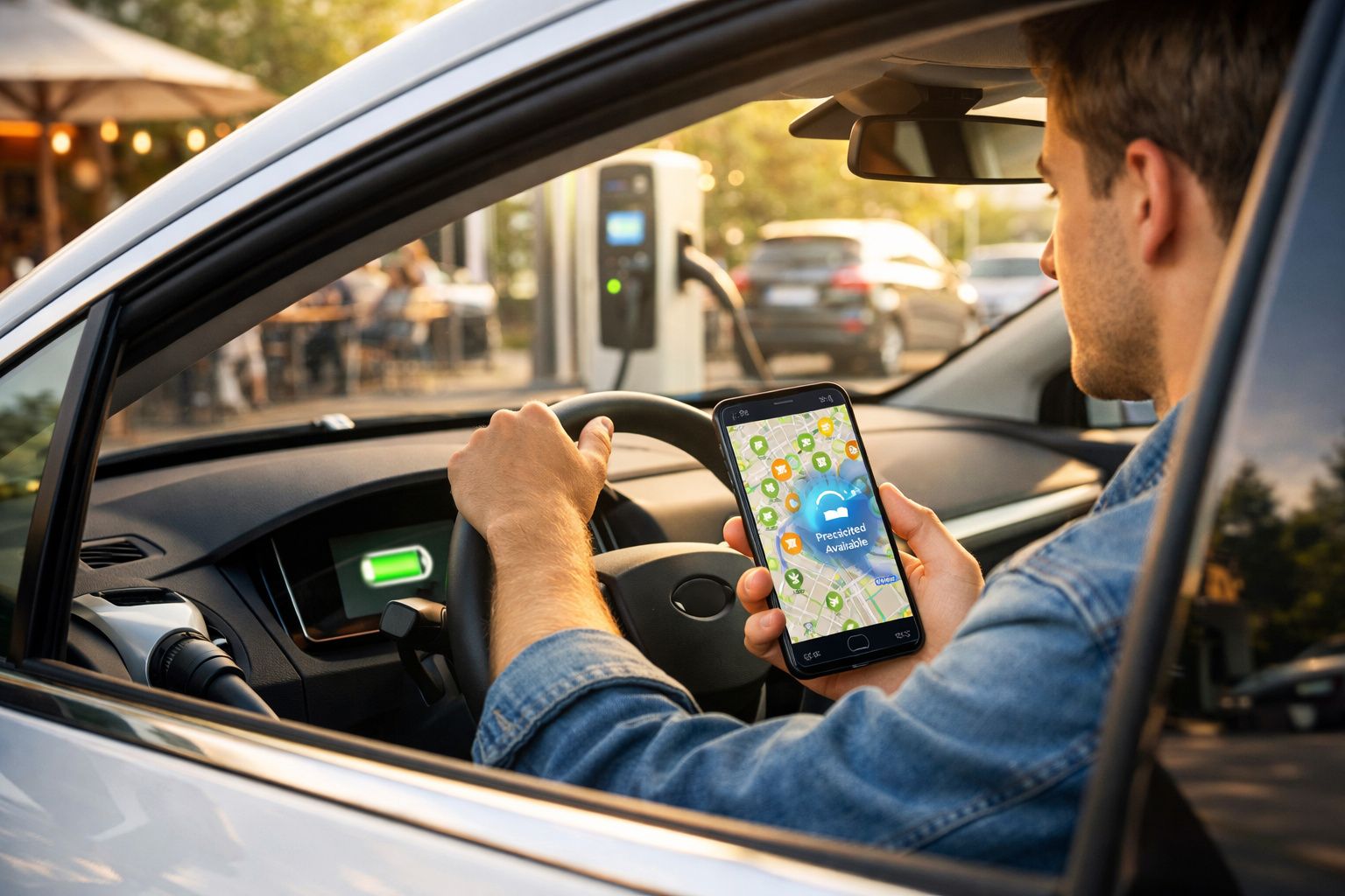 Homem numa viatura elétrica consulta app no telemóvel perante posto de carregamento elétrico.