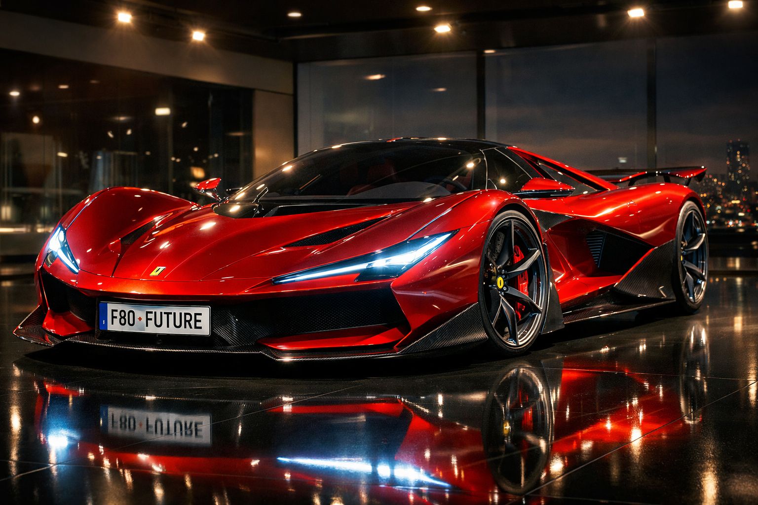 Carro desportivo vermelho brilhante estacionado em piso refletor dentro de edifício moderno, luzes LED acesas.
