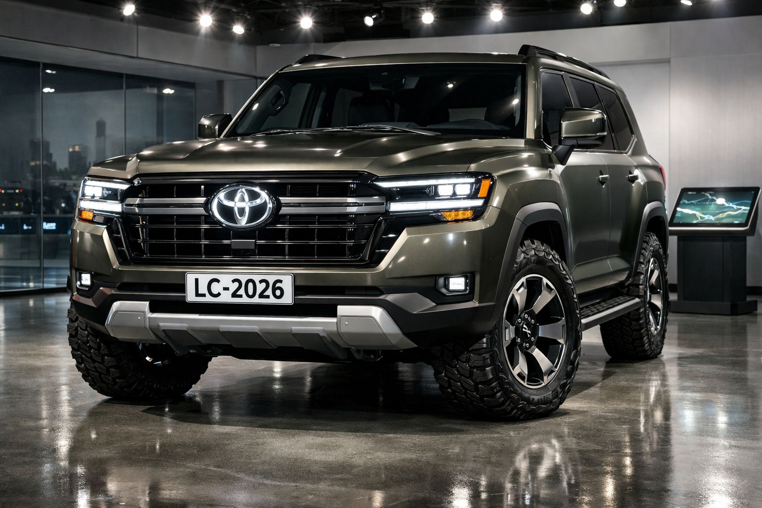SUV Toyota Land Cruiser 2026 estacionado em ambiente interior, com faróis LED ligados e pneu todo-o-terreno.