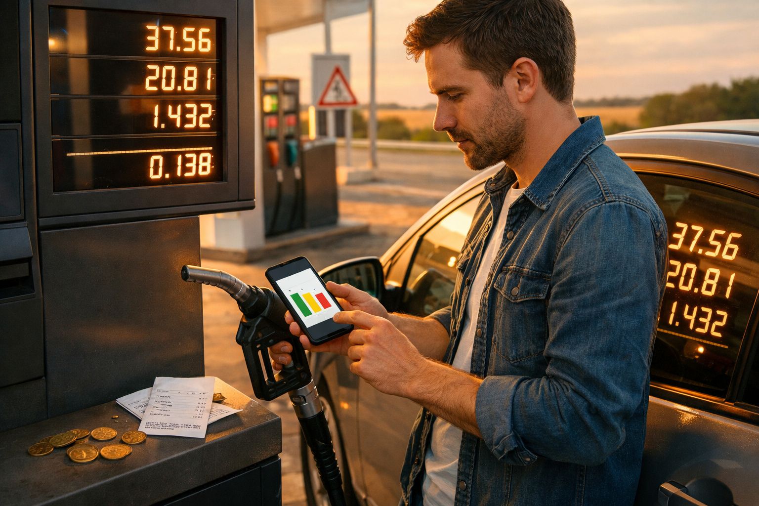 Homem numa estação de combustível a usar telemóvel enquanto segura pistola de gasóleo junto a um carro.