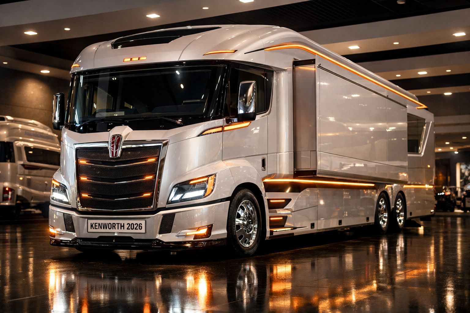 Camião branco moderno Kenworth 2026 com luzes LED laranja exposto em ambiente interior iluminado.