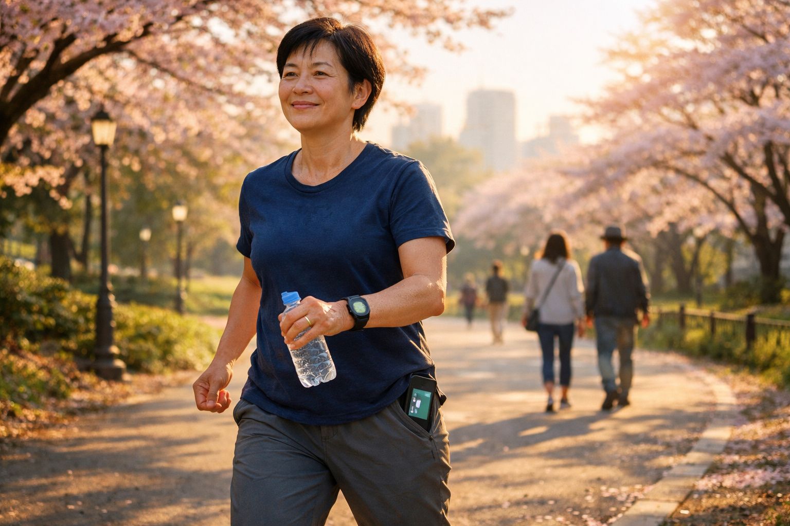 Mulher a caminhar num parque com árvores floridas ao entardecer, segurando garrafa de água.