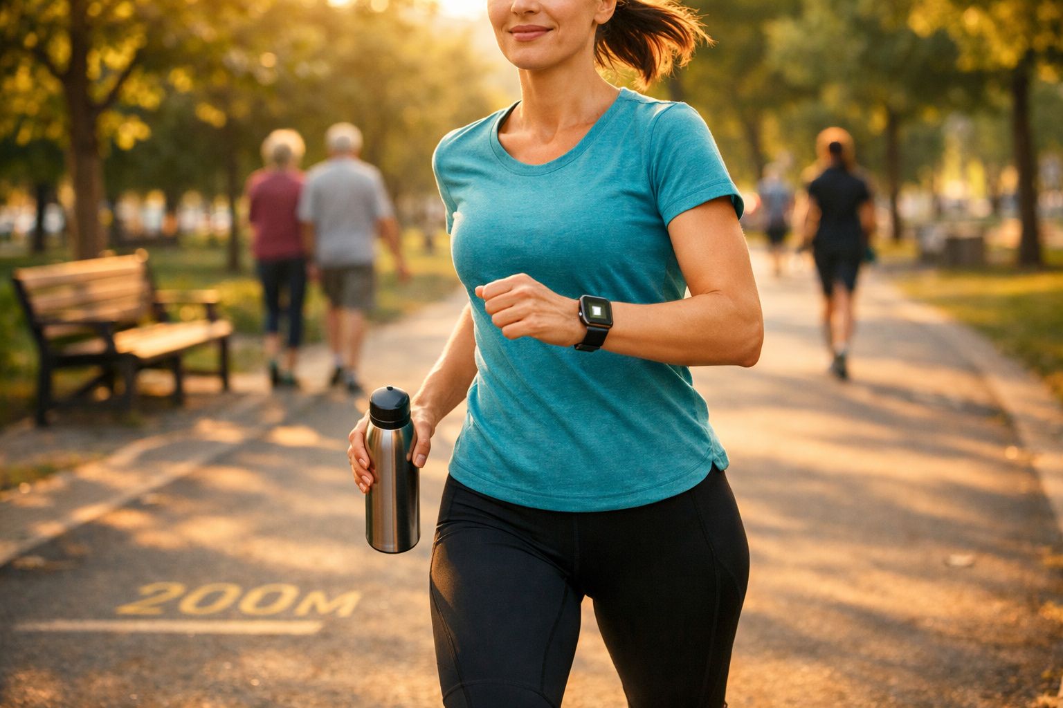 Mulher a correr no parque ao fim da tarde, segurando garrafa de água e usando relógio desportivo.