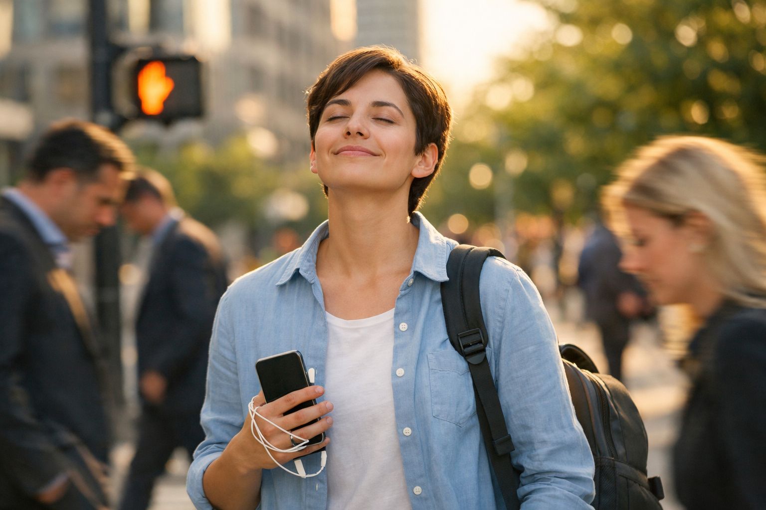 Mulher jovem de olhos fechados segura telemóvel com auriculares na mão, num passeio urbano ao fim da tarde.