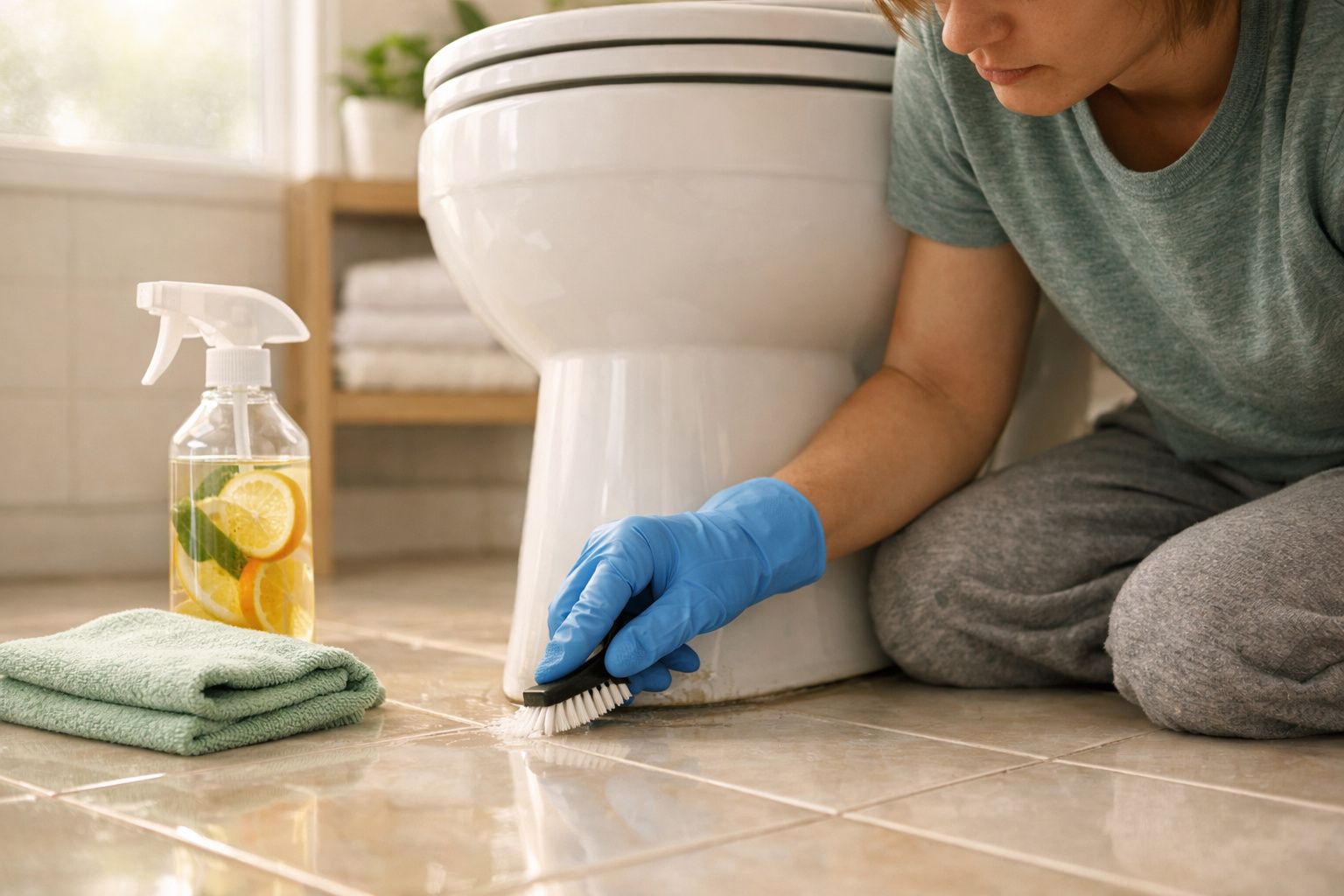 Pessoa a limpar o chão da casa de banho junto à sanita usando escova e luvas azuis.