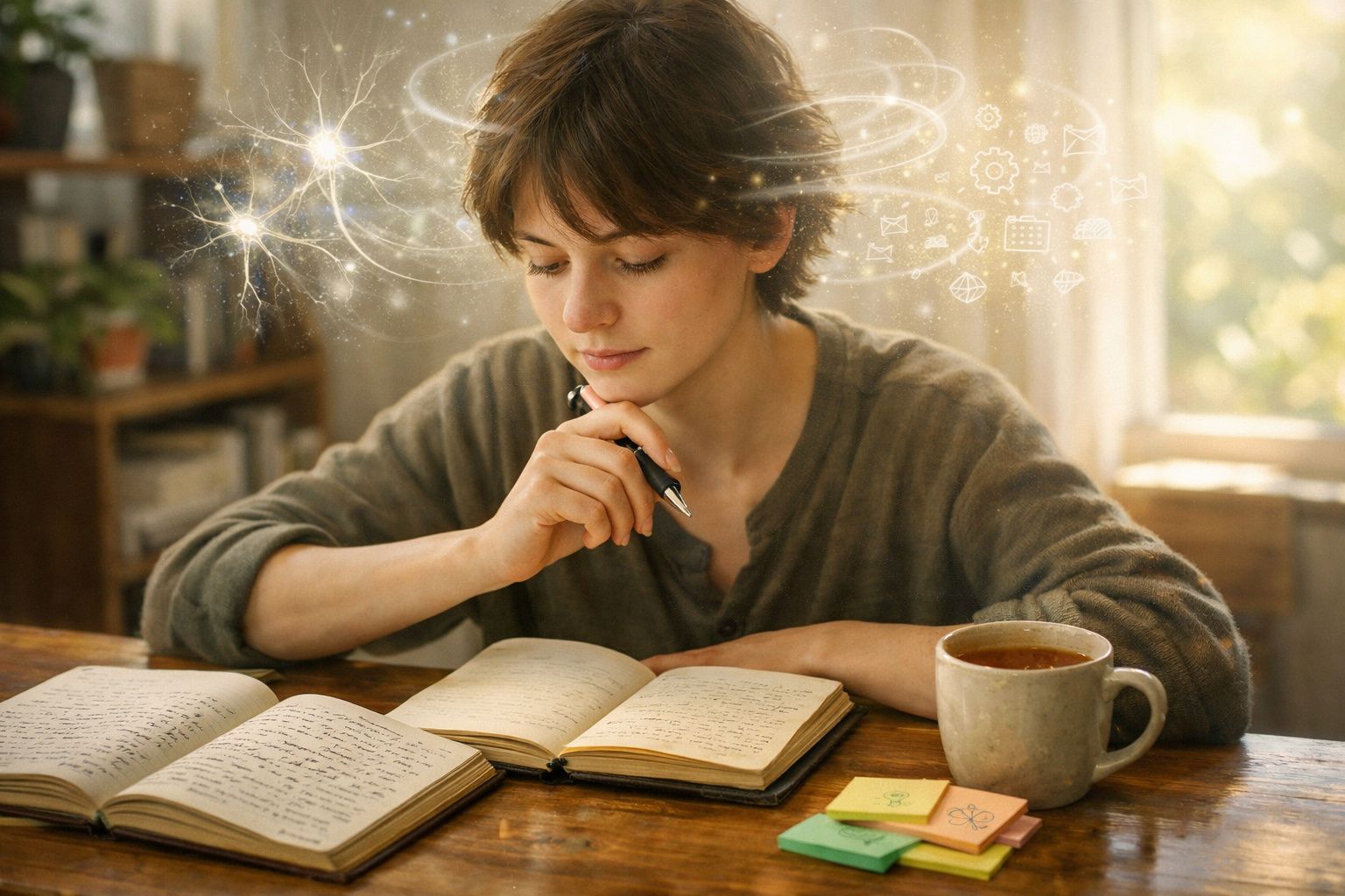 Jovem mulher sentada a estudar com caneca de chá, rodeada de livros e notas numa mesa de madeira.