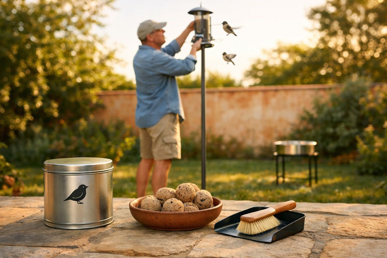 Homem a colocar comida num alimentador de pássaros no jardim ao pôr do sol, com bolas de gordura na mesa.