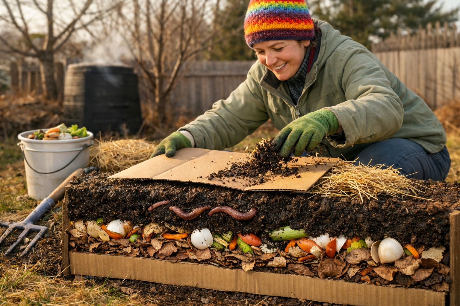 Pessoa a compostar resíduos orgânicos num jardim, com minhocas e camadas de terra e restos vegetais.