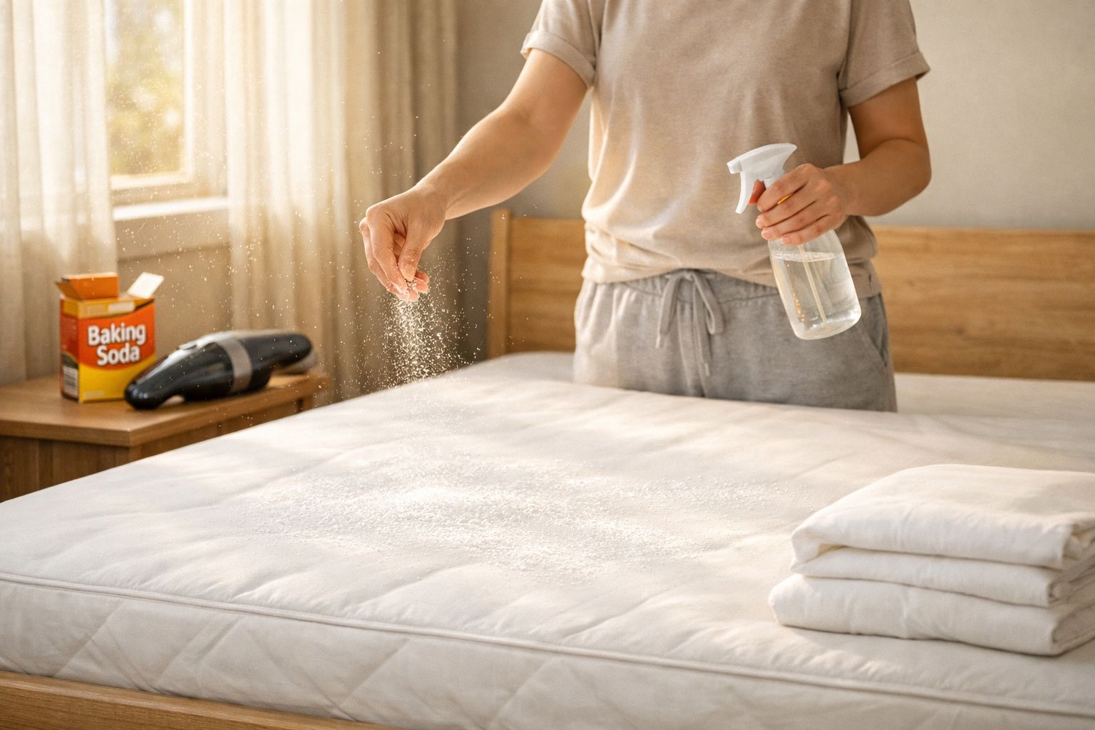 Pessoa a polvilhar bicarbonato de sódio num colchão enquanto segura um pulverizador de limpeza.