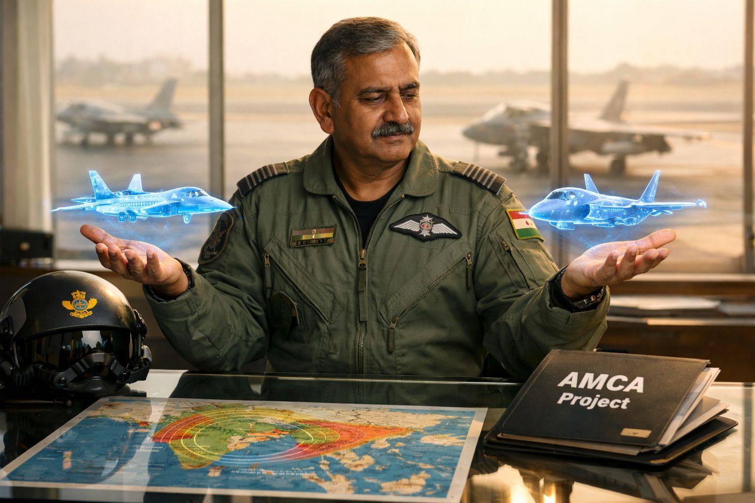 Piloto militar indiano com farda verde, a olhar para dois jatos holográficos azuis, num escritório com mapas e fichas.