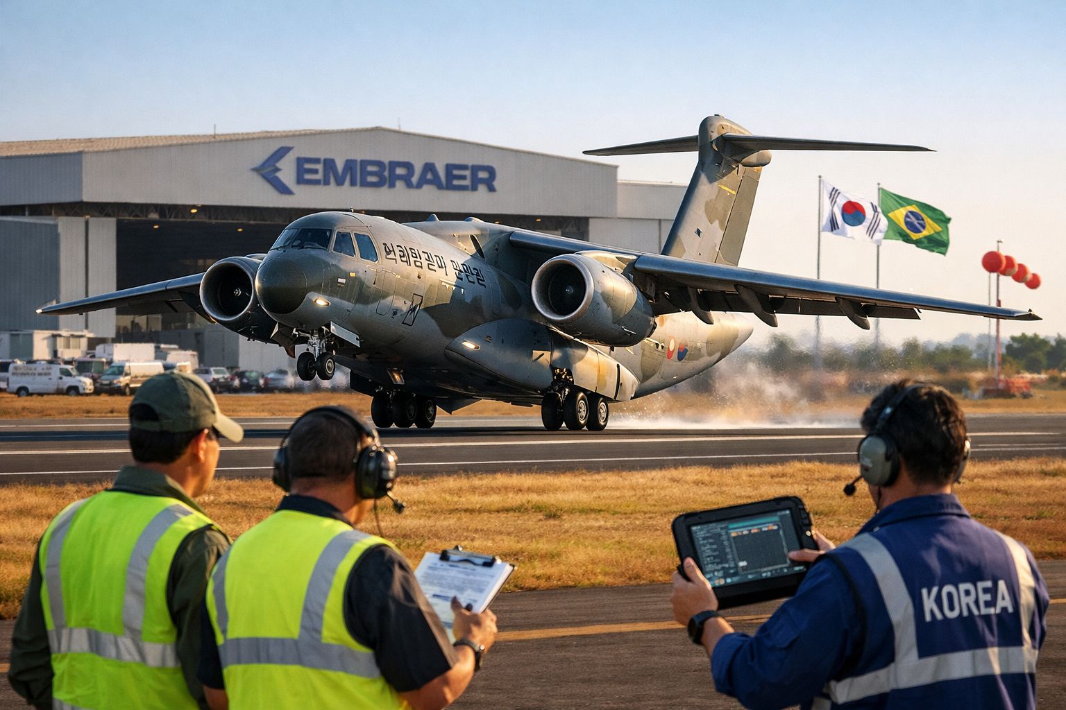 Avião militar a descolar com bandeiras da Coreia do Sul e Brasil, com três técnicos a observar em primeiro plano.