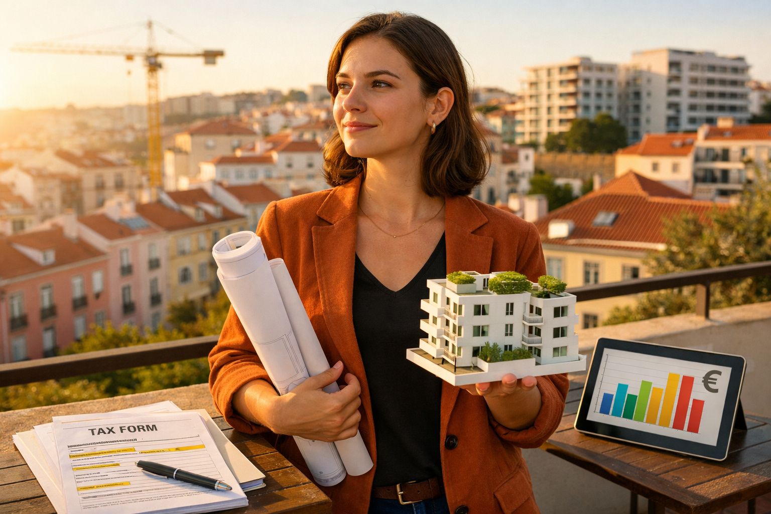 Mulher segurando maquete de prédio e planta arquitetônica, com gráficos financeiros e formulários numa mesa ao ar livre.