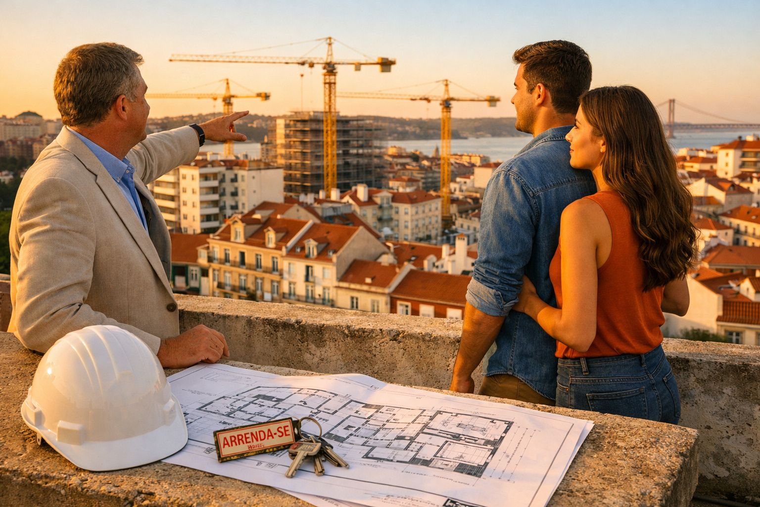 Homem aponta obras em cidade para casal jovem, com planta e capacete de segurança na varanda.