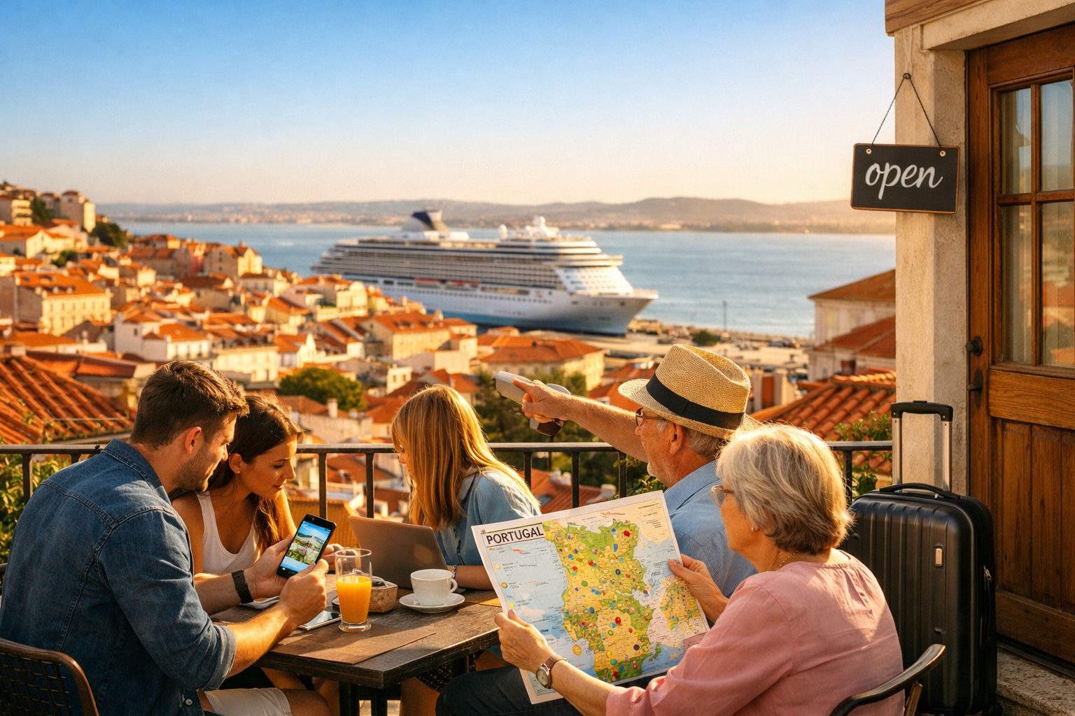 Grupo de turistas numa esplanada em Lisboa observando mapa e paisagem com cruzeiro no rio Tejo ao fundo.