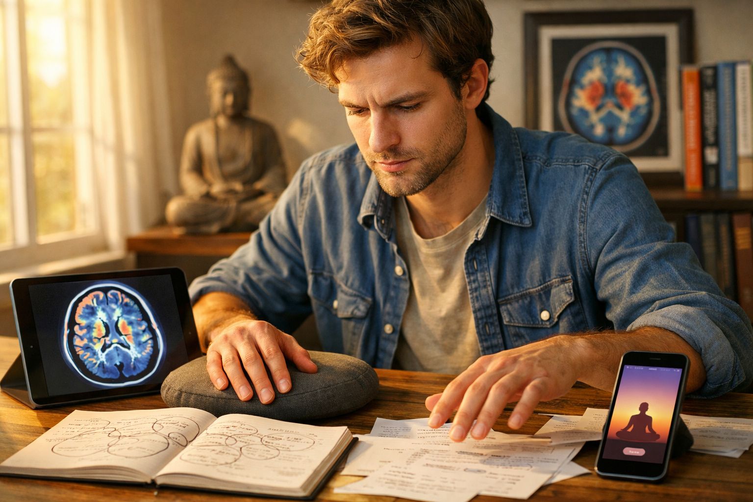Homem a estudar a neurociência e meditação com imagem cerebral e app de meditação numa mesa.