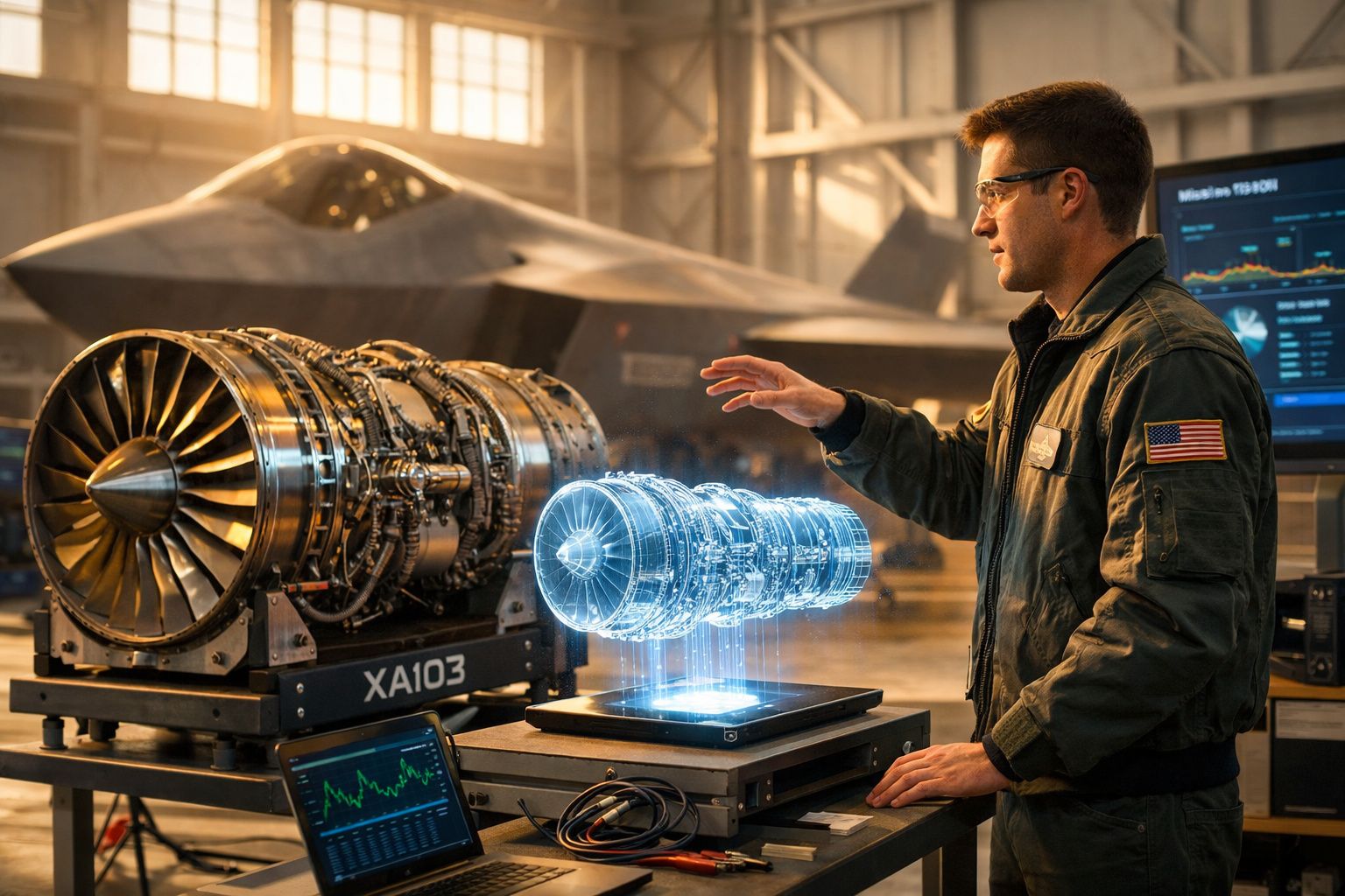 Engenheiro militar com farda interage com holograma de motor a jato num hangar de aviões.