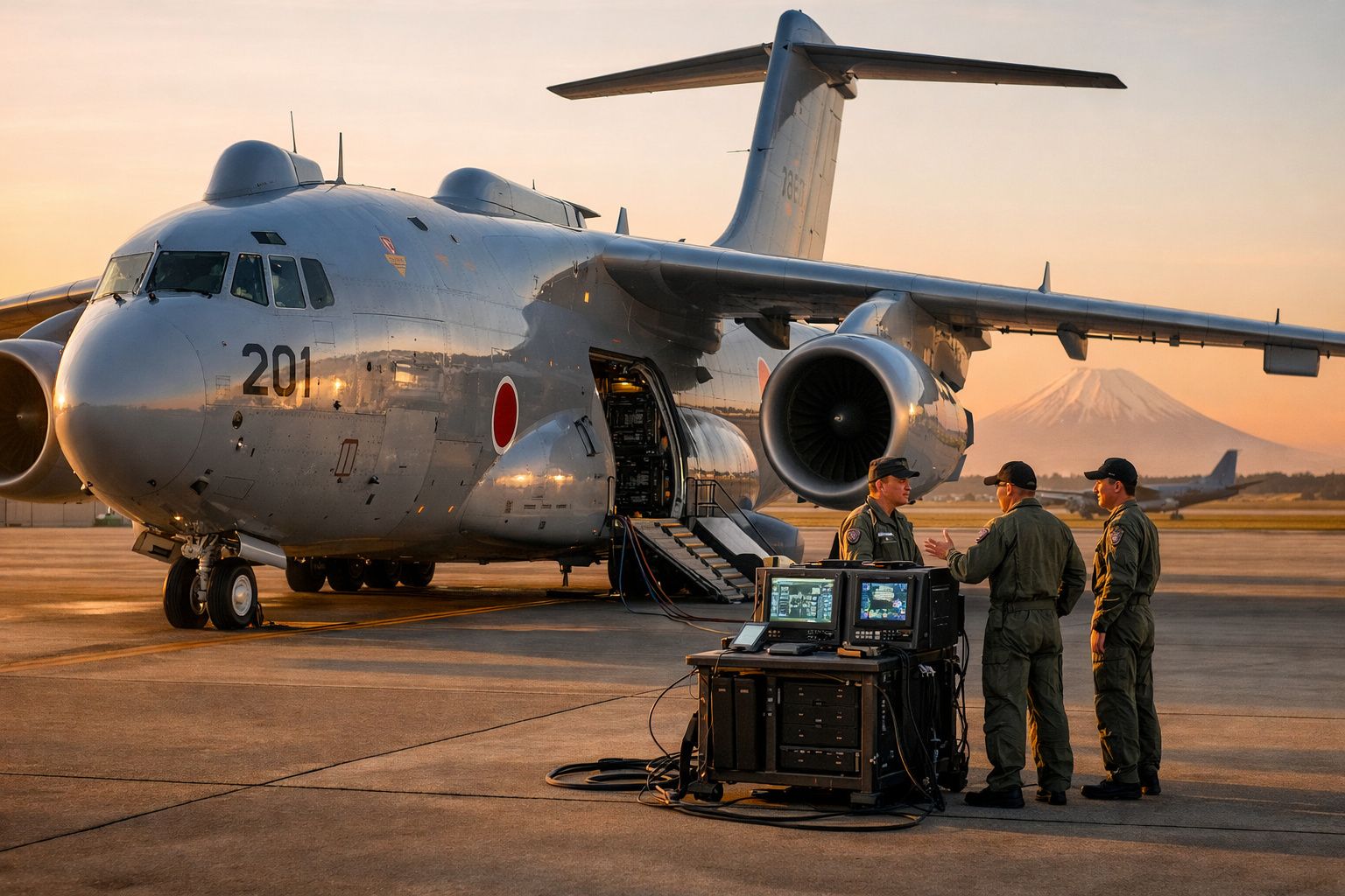 Avião militar no aeroporto ao pôr do sol com três soldados a conversar junto a equipamento técnico.