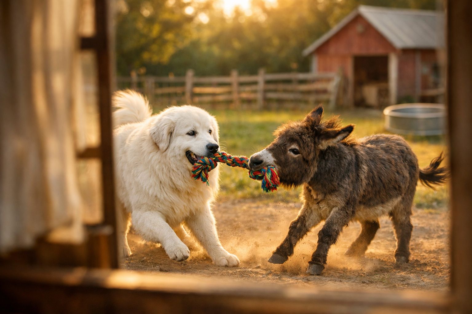 Cão branco e burro brincam juntos puxando uma corda colorida numa quinta ao entardecer.