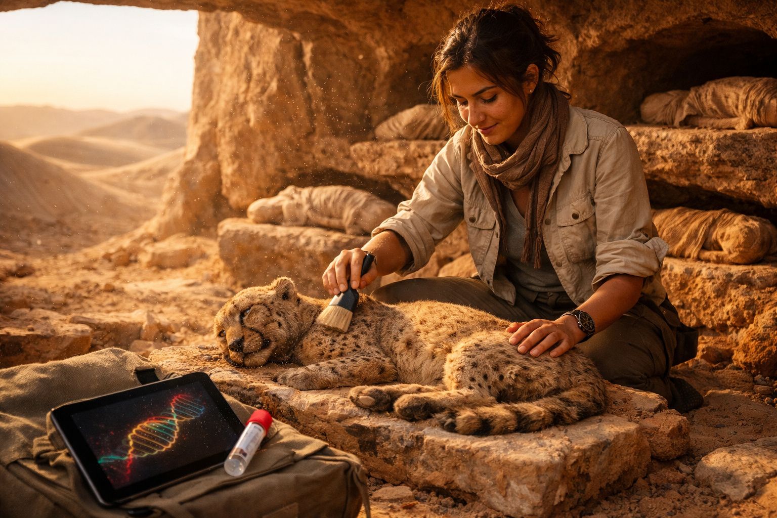 Jovem cientista limpa guepardo deitado numa pedra num ambiente desértico com tablet e amostra científica.