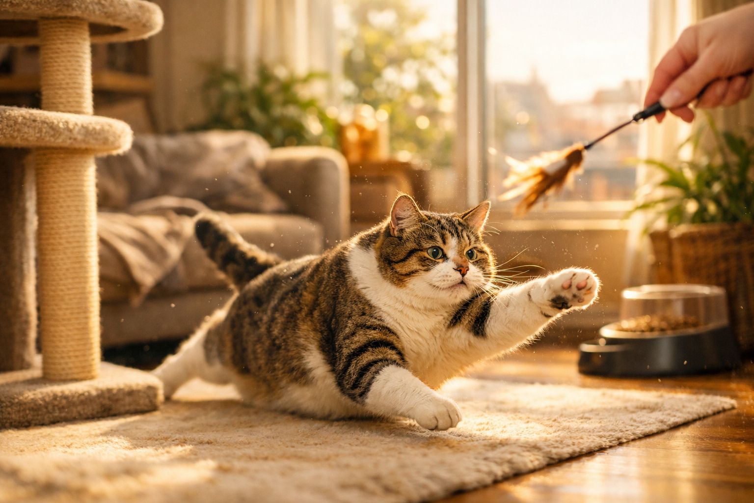 Gato tigrado e branco a esticar a pata para apanhar brinquedo em forma de pena num ambiente acolhedor.