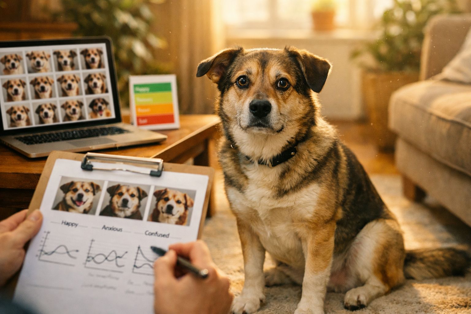 Cão sentado em casa enquanto uma pessoa analisa expressões faciais e emoções do animal numa tabela.