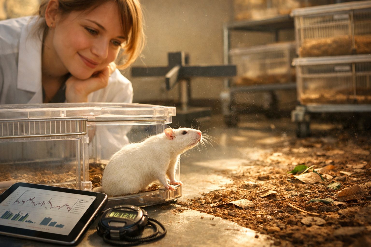 Investigadora observa rato branco numa caixa transparente num laboratório com equipamento de monitorização.