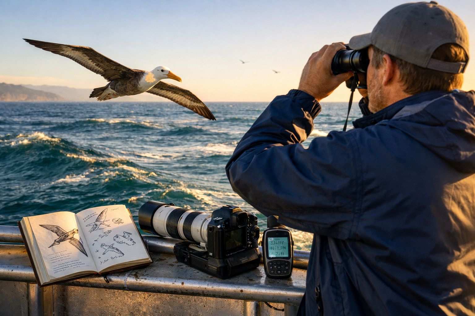 Homem observa ave marinha com binóculos num barco, ao lado de câmara, GPS e livro com desenhos de aves.
