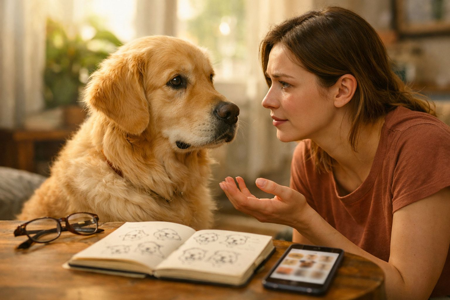 Mulher conversa com cão golden retriever sentado à mesa com caderno de desenhos e telemóvel.