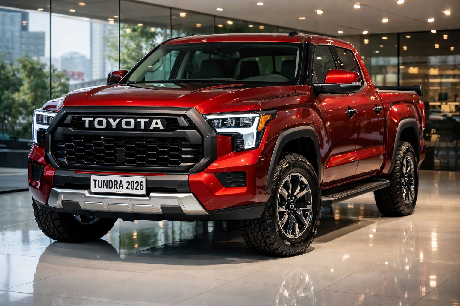 Picape Toyota Tundra 2026 vermelha exibida em salão automóvel moderno e iluminado.