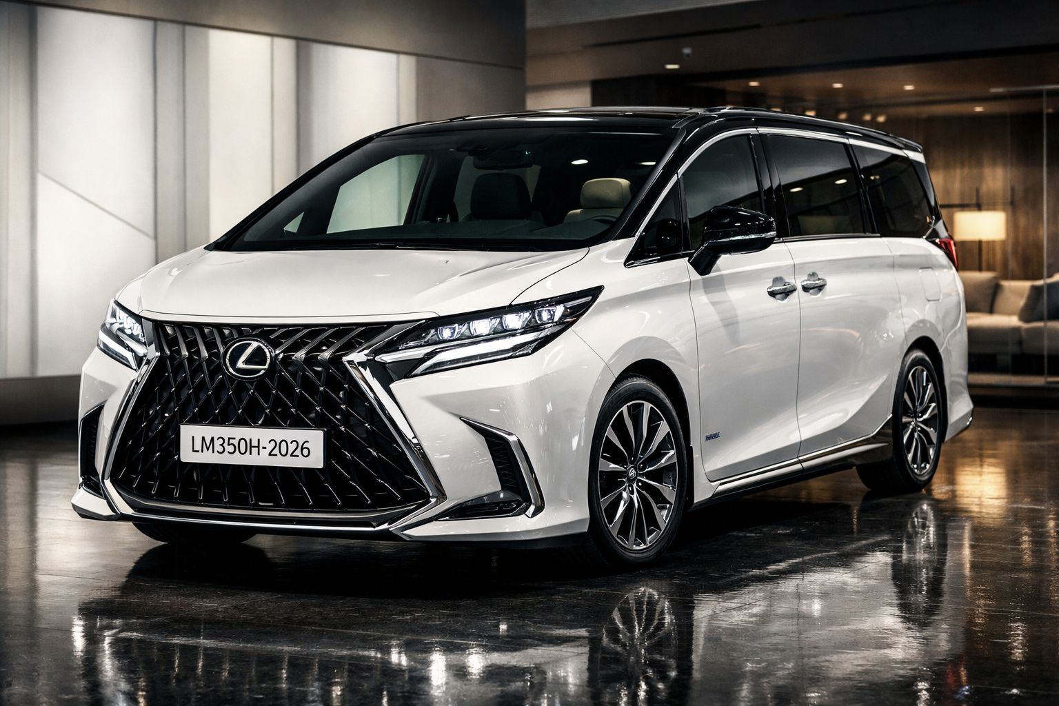 Automóvel Lexus branco modelo LM350H 2026 estacionado em ambiente interior moderno.