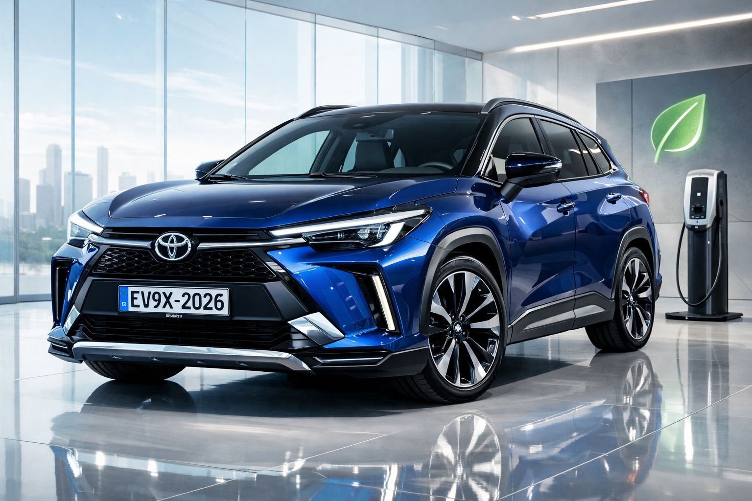 Carro elétrico Toyota azul estacionado em interior moderno junto a posto de carregamento.