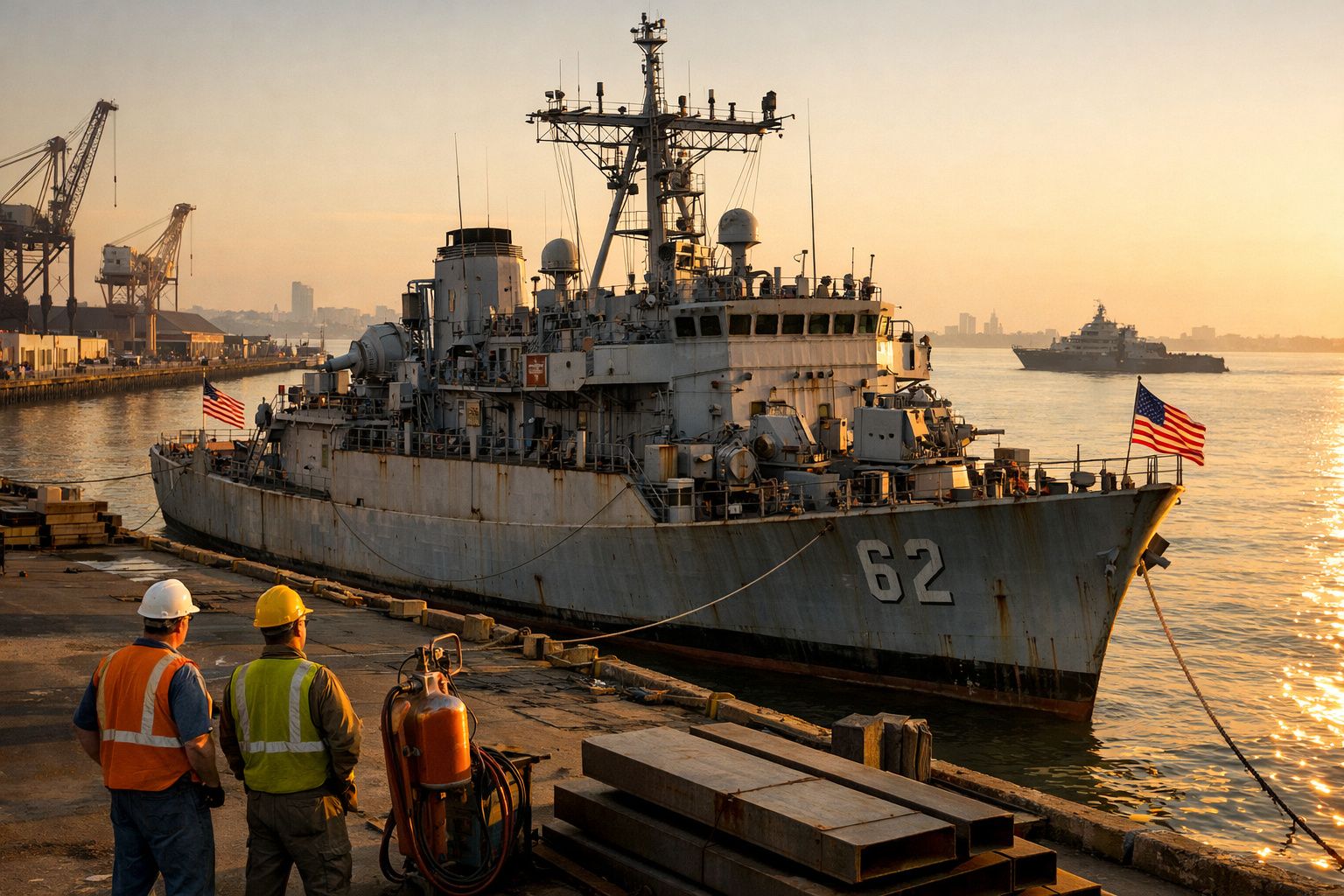Navio de guerra com bandeira dos EUA atracado num cais ao pôr do sol, com dois trabalhadores de capacete observando.