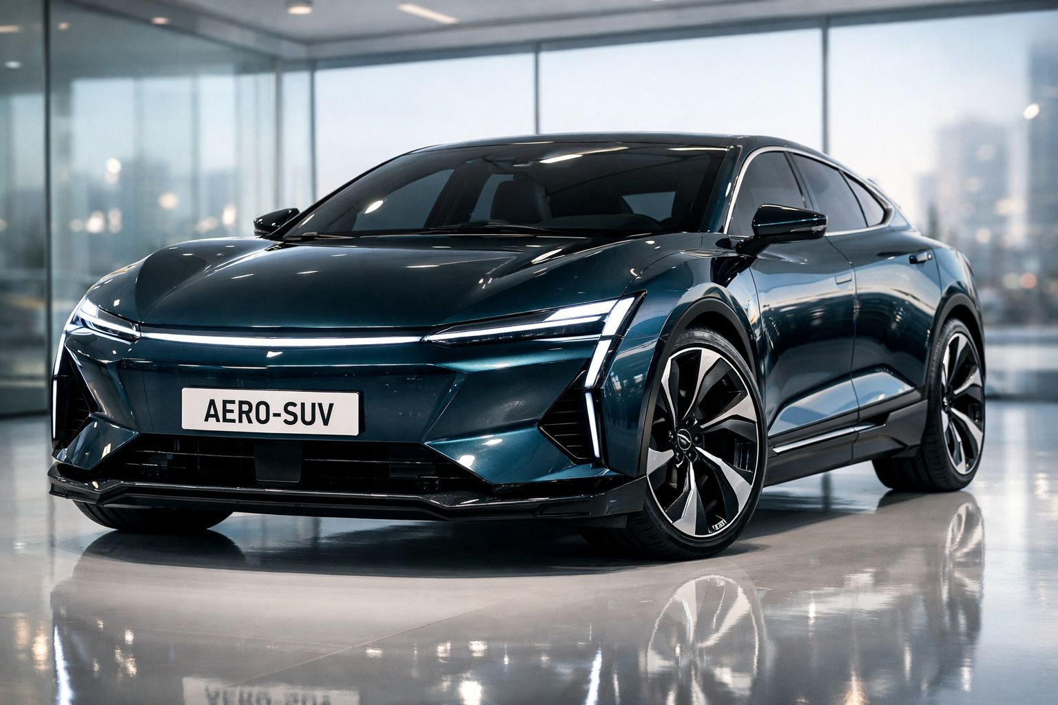 Carro elétrico SUV de cor preta com design futurista dentro de showroom moderno e iluminado.