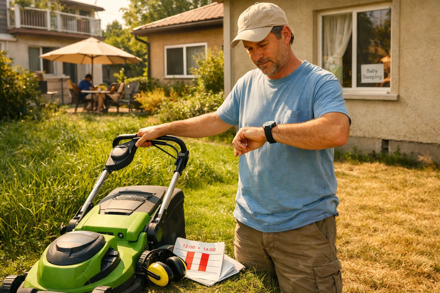 Homem com roupa casual e boné verifica o relógio enquanto segura um cortador de relva no jardim de casa.