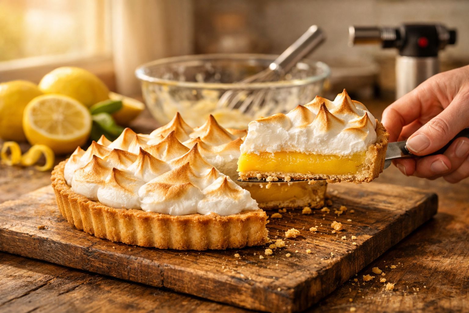 Tarte de limão com suspiro dourado, fatia a ser retirada numa base de madeira, limões em fundo desfocado.