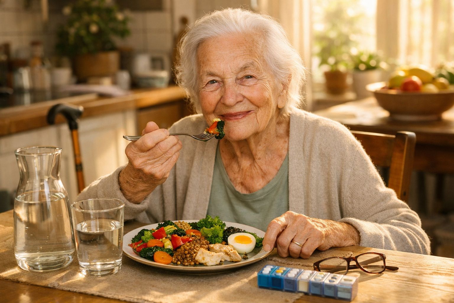 Idosa sorridente a comer uma refeição saudável numa cozinha iluminada, com jarra e copo de água à frente.