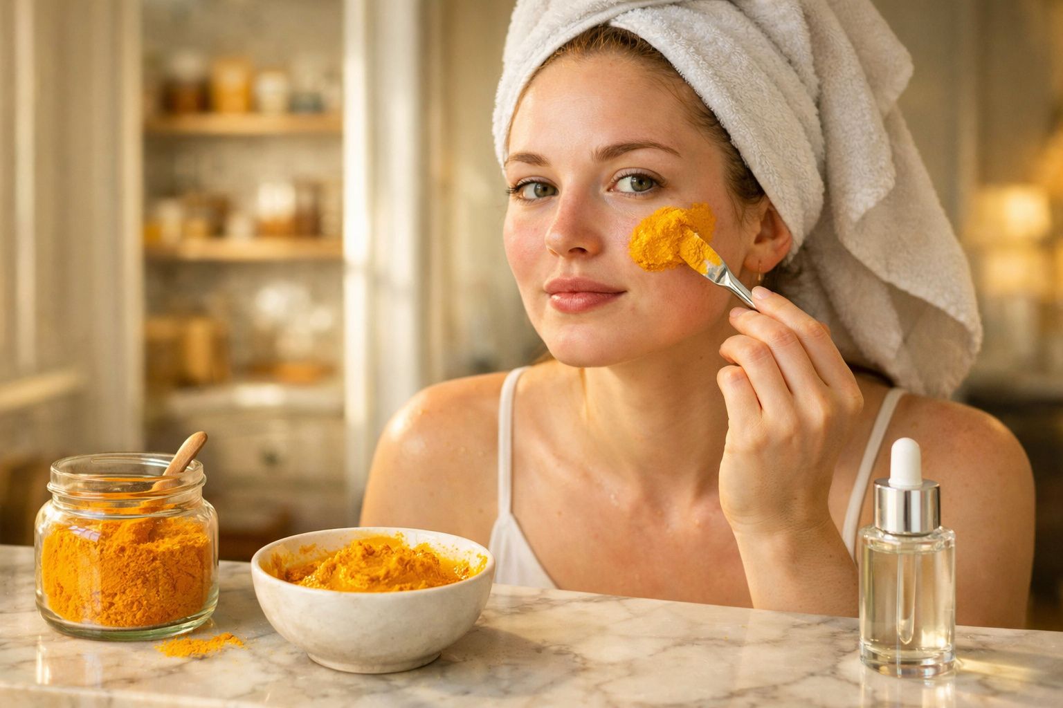 Mulher com toalha na cabeça aplica máscara facial amarela em ambiente doméstico iluminado.