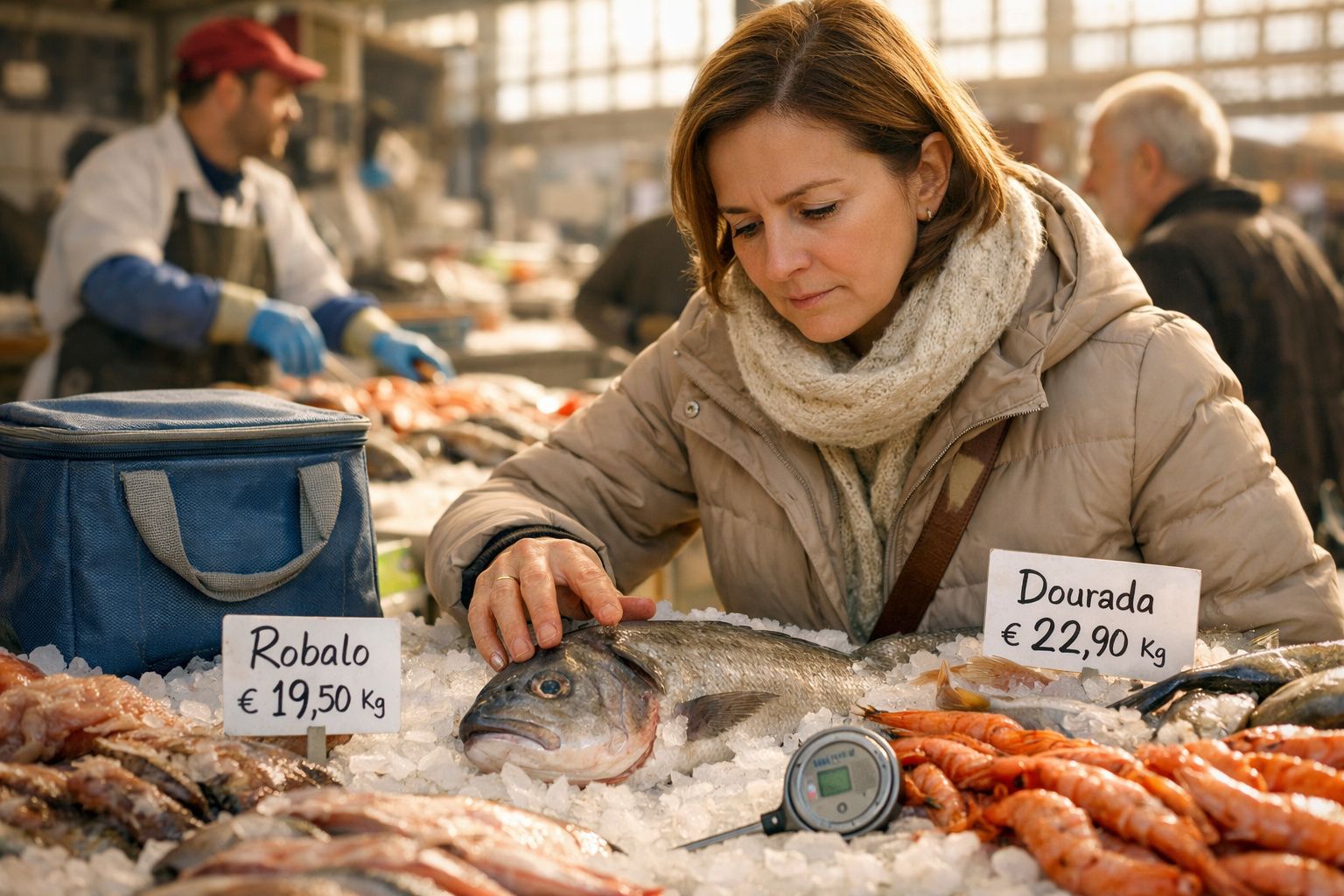 Mulher a escolher peixe fresco num mercado, com ofertas de robalo e dourada em gelo.